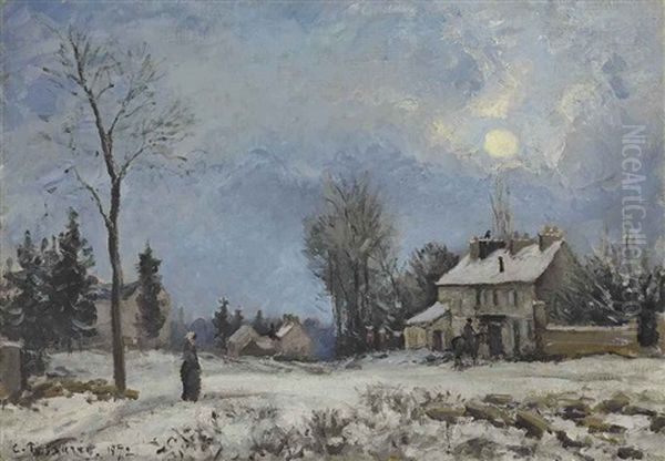 Le Relais De Poste, Route De Versailles, Louveciennes, Neige Oil Painting by Camille Pissarro