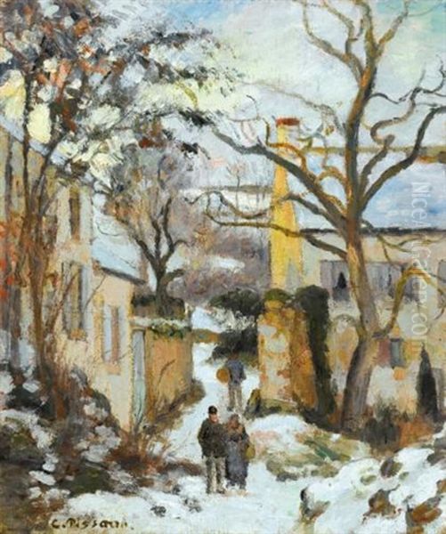 La Maison Rondest Sous La Neige, Pontoise Or Chemin De L'hermitage, Pontoise, Sous La Neige Oil Painting by Camille Pissarro