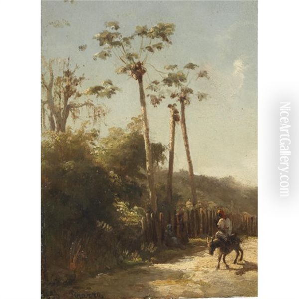 Paysage Des Antilles, Cavalier Et Ane Sur Un Chemin Oil Painting by Camille Pissarro