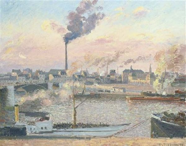 Le Pont Boieldieu Et La Gare D'orleans, Rouen, Matin, Cinq Heures Oil Painting by Camille Pissarro