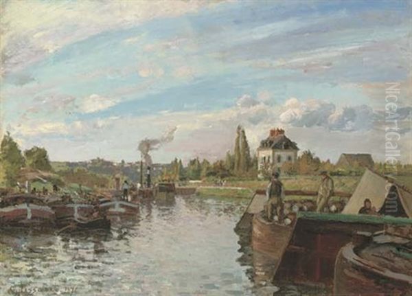 Peniches Sur La Seine A Bougival Oil Painting by Camille Pissarro