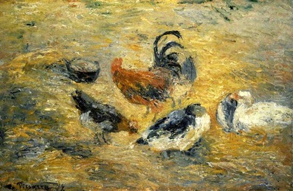 Poules Et Coq Oil Painting by Camille Pissarro