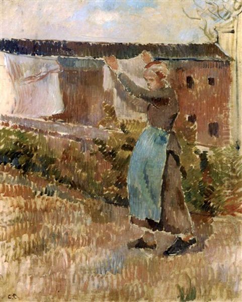 Femme Etendant Du Linge Oil Painting by Camille Pissarro