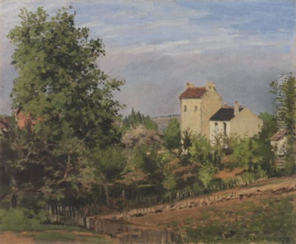 Paysage Avec Maisons Blanches A Droite - Environs De Pontoise Oil Painting by Camille Pissarro