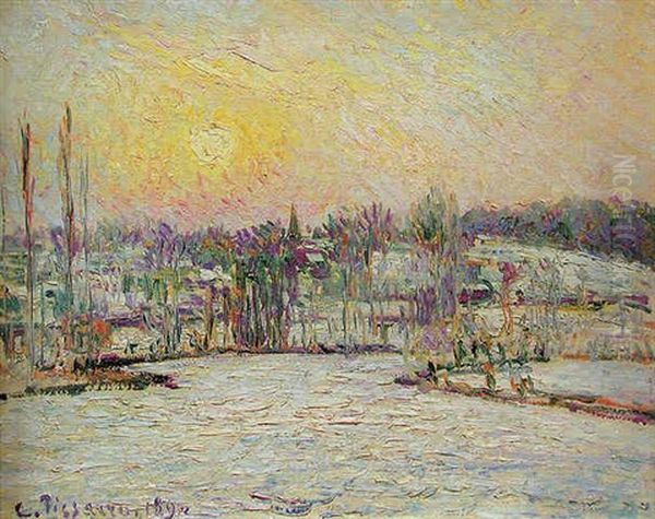 Bazincourt, Soleil Couchant, Effet De Neige by Camille Pissarro