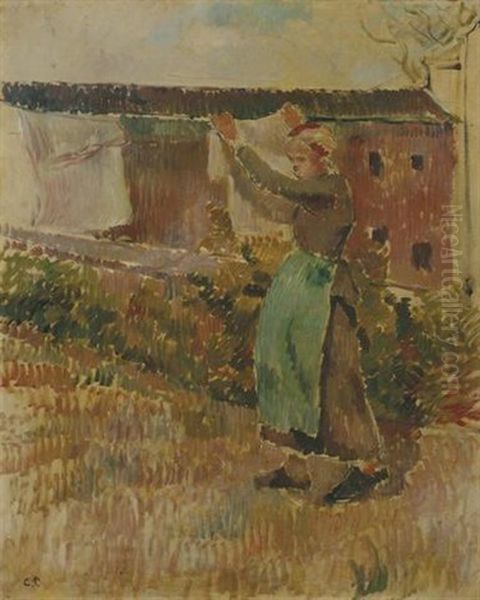 Femme Etendant Du Linge Oil Painting by Camille Pissarro