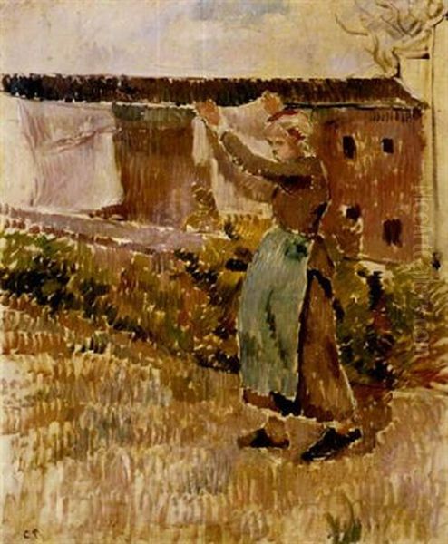 Femme Etendant Du Linge Oil Painting by Camille Pissarro