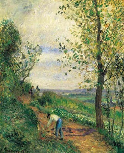 Paysage Avec Un Homme Piochant Oil Painting by Camille Pissarro