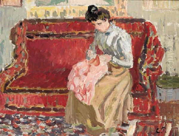 Jeanne (fille De L'artiste) Cousant Oil Painting by Camille Pissarro