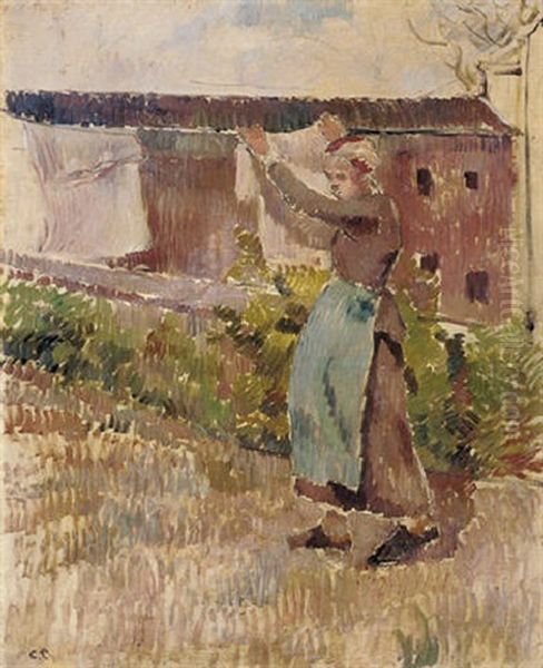 Femme Etendant Du Linge Oil Painting by Camille Pissarro