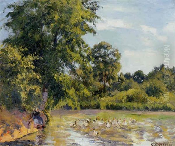 La Mare Aux Canards A Montfoucault Oil Painting by Camille Pissarro