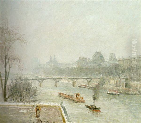 Le Louvre, Matin, Effet De Neige Oil Painting by Camille Pissarro