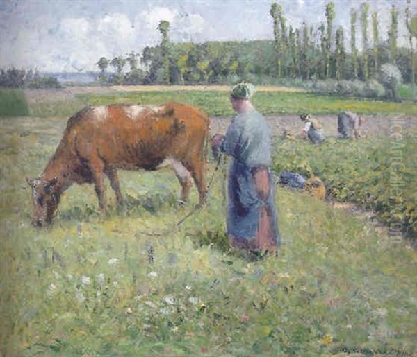 Femme Gardant Une Vache Oil Painting by Camille Pissarro