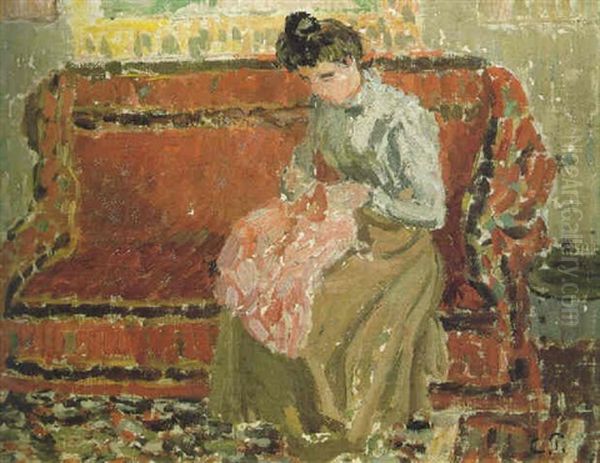 Juene Fille Cousant Oil Painting by Camille Pissarro