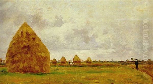 Paysage, Plaine Avec Meules Oil Painting by Camille Pissarro