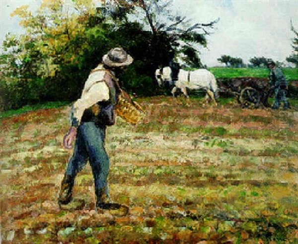 Le Semeur A Montfoucault Oil Painting by Camille Pissarro