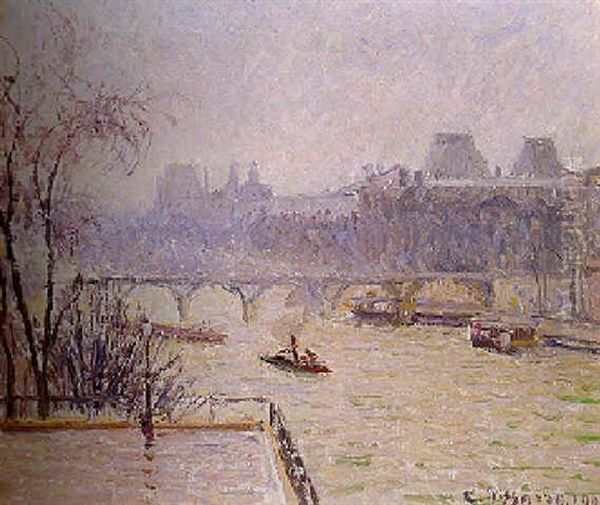 La Seine A Paris, Vu Du Pont-neuf Oil Painting by Camille Pissarro