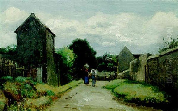 Paysanne Et Paysan Se Croisant Sur Un Chemin De Campagne Oil Painting by Camille Pissarro