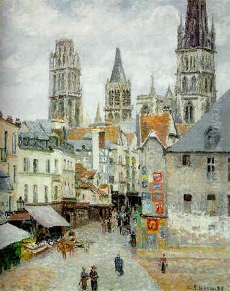 La Rue De L'epicerie A Rouen, Matin, Temps Gris Oil Painting by Camille Pissarro