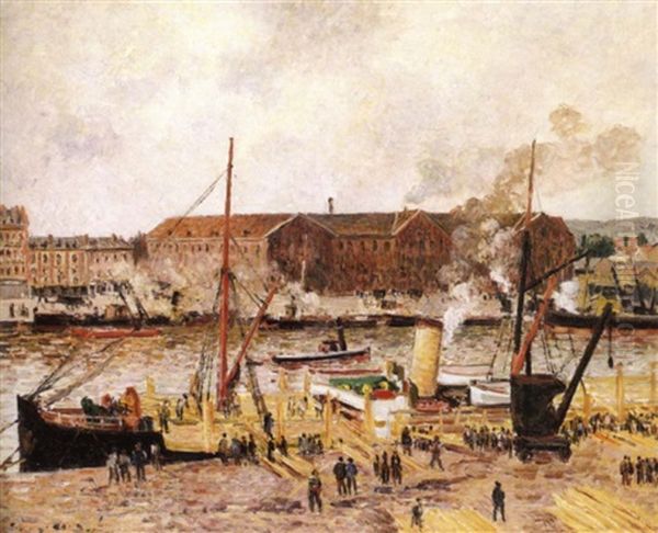 Dechargement De Bois A Rouen Oil Painting by Camille Pissarro