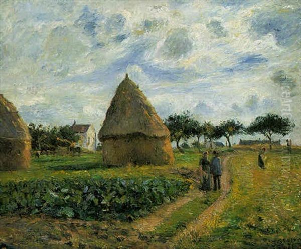 Paysans Et Champs Meules De Foin Oil Painting by Camille Pissarro