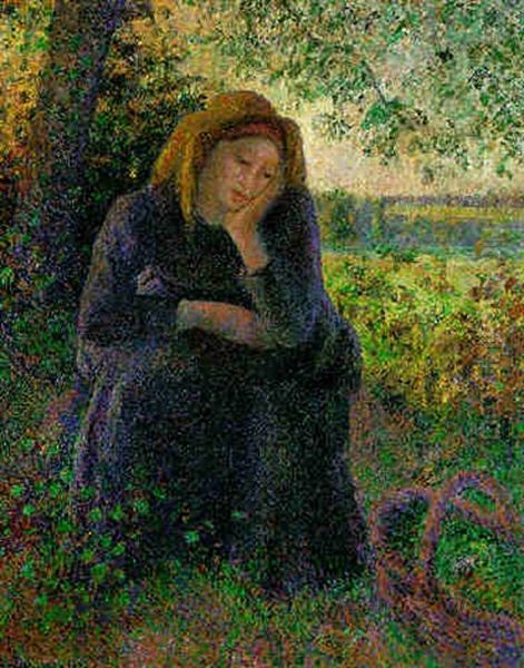 Paysanne Assise Soleil Couchant Oil Painting by Camille Pissarro