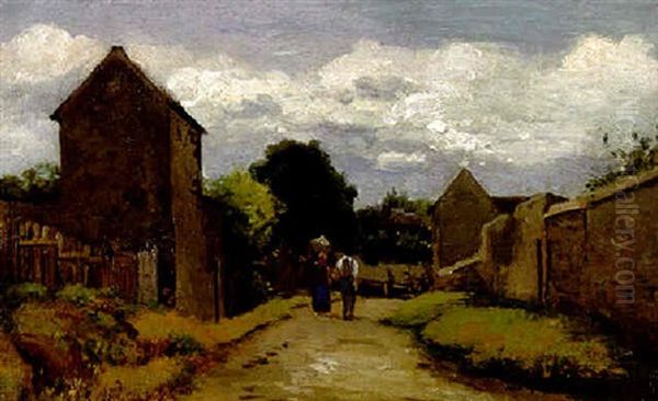 Paysanne Et Paysan Se Croisant Sur Un Chemin De Campagne Oil Painting by Camille Pissarro