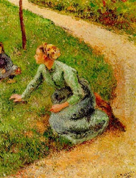 Paysanne Ramassant De L'herbe Oil Painting by Camille Pissarro