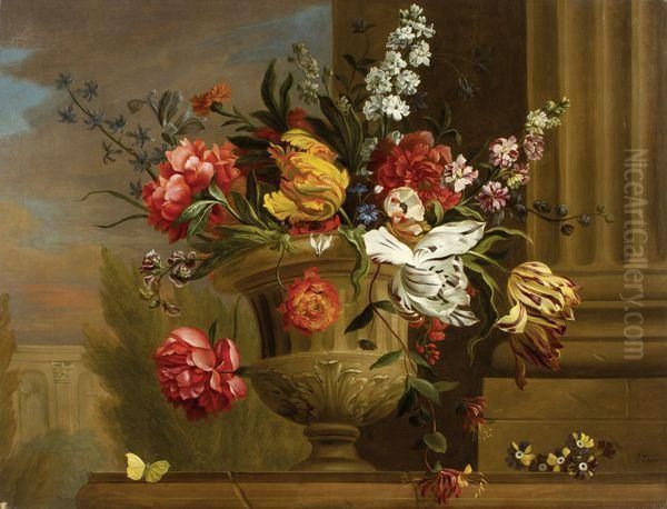 Vase De Fleurs Et Papillon Sur Un Entablement Oil Painting by Jakob Bogdani Eperjes C