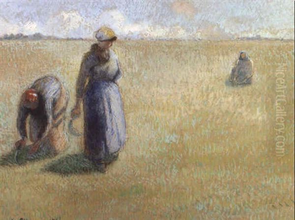 Trois Femmes Cueillant De L'herbe Oil Painting by Camille Pissarro