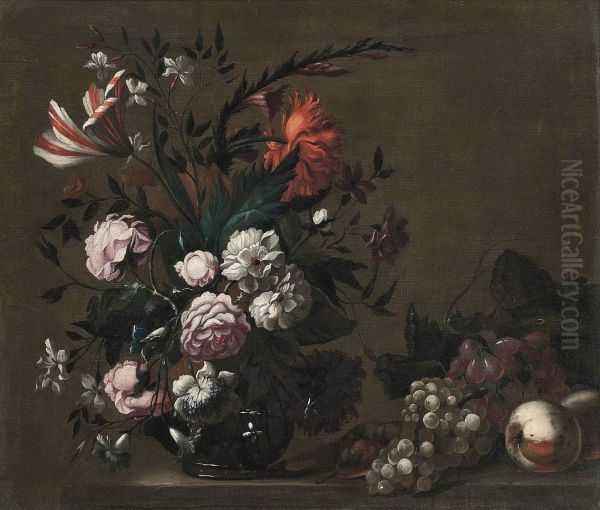 Roses, A Parrot Tulip, Chrysanthemums And Other Flowers In A Glass Vase Oil Painting by Jakob Bogdani Eperjes C