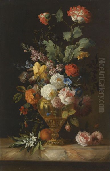 A Still Life Of Roses And Other Flowers In A Metal Vase On A Marble Ledge Oil Painting by Jakob Bogdani Eperjes C