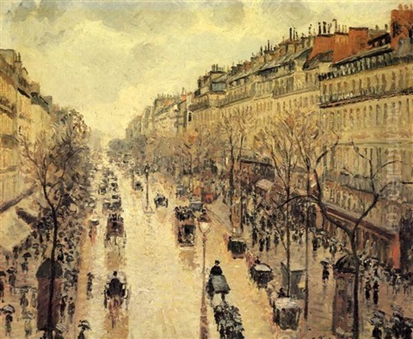 Le Boulevard Montmartre, Temps De Pluie, Apres-midi Oil Painting by Camille Pissarro