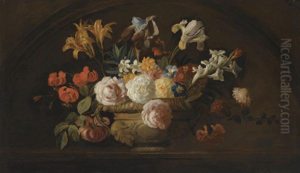 Still Life Of Flowers In A Vase On A Marble Shelf Oil Painting by Jakob Bogdani Eperjes C