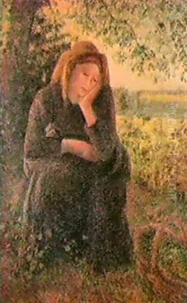 Paysanne Assise, Soleil Couchant Oil Painting by Camille Pissarro