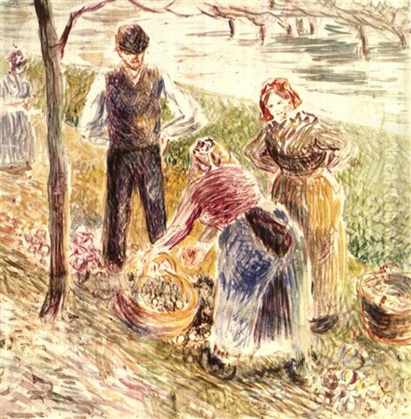 La Recolte Des Pommes De Terre (painted Porcelain) Oil Painting by Camille Pissarro