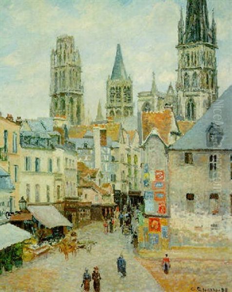 La Rue De L'epicerie A Rounen,matin, Temps Gris Oil Painting by Camille Pissarro