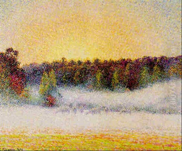 Soleil Couchant Et Brouillard A Eragny Oil Painting by Camille Pissarro