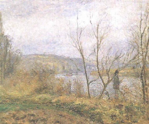 Les Bords De L'oise Pontoise (pecheur A La Ligne) Oil Painting by Camille Pissarro