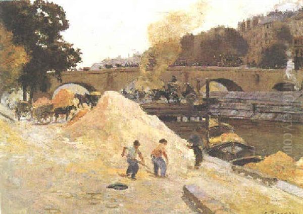 Au Bord De La Seine A Paris Oil Painting by Camille Pissarro