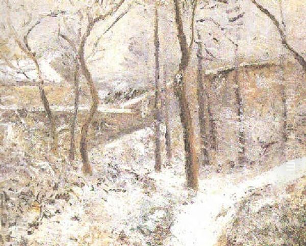 La Sente Des Pouilleux Pontoise-effet De Neige Oil Painting by Camille Pissarro