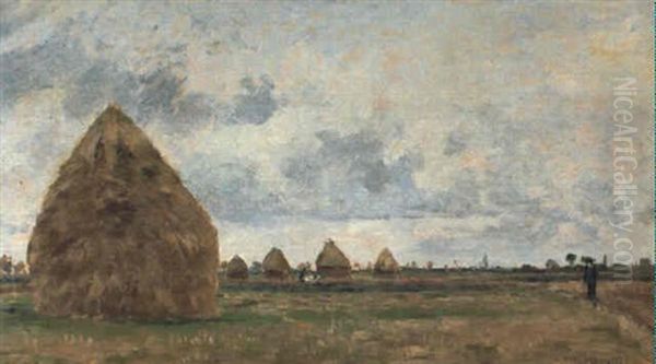 Paysage, Plaine Avec Meules A Gauche Oil Painting by Camille Pissarro