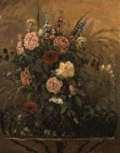 Bouquet De Fleurs, Avc Jardiniere En Bois Rustique Oil Painting by Camille Pissarro