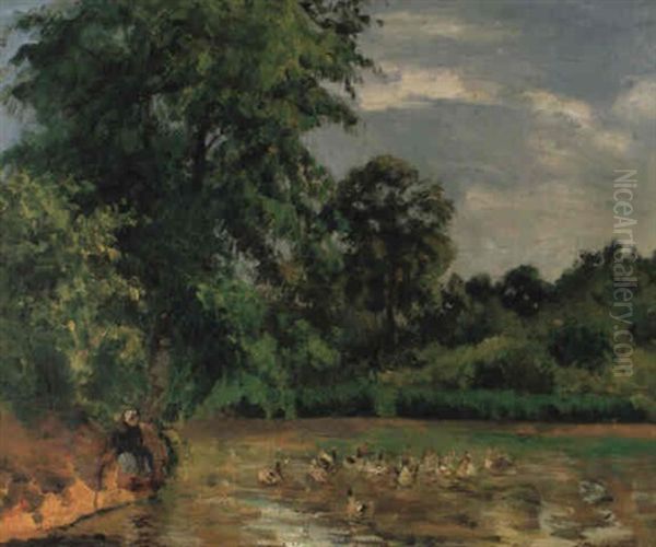 La Mare Aux Canards A Montfoucault Oil Painting by Camille Pissarro