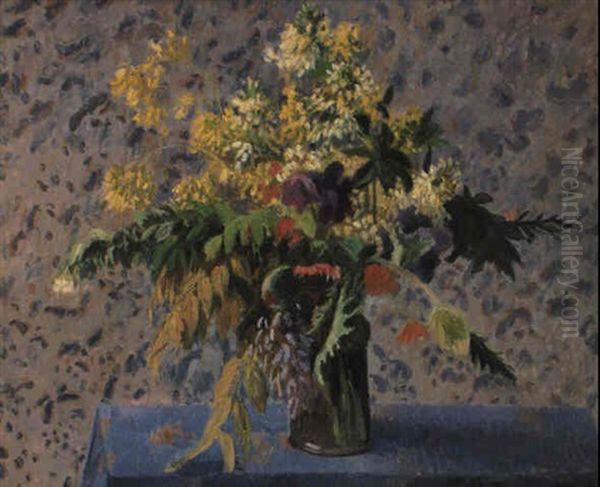 Bouquet De Fleurs; Iris, Coquelicots Et Fleurs De Choux Oil Painting by Camille Pissarro