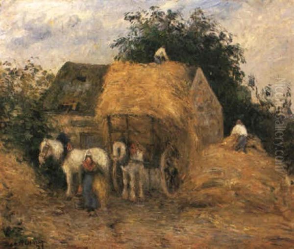 La Charrette De Paille, Montfoucault Oil Painting by Camille Pissarro