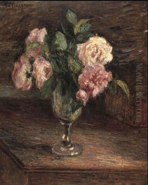 Roses Dans Un Verre Oil Painting by Camille Pissarro