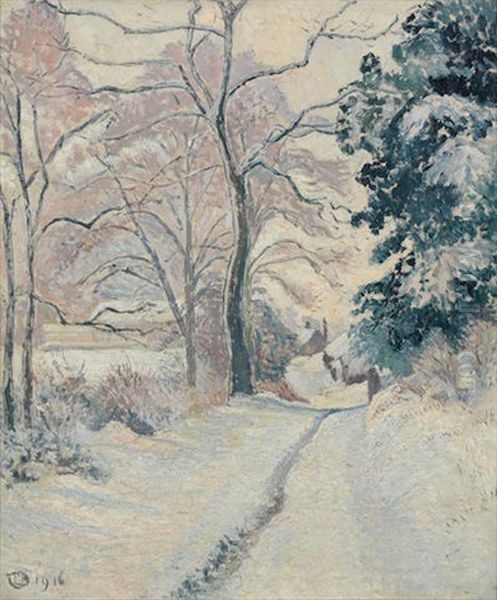 A Lane In Snow (crockhurst Lane) Oil Painting by Lucien Pissarro