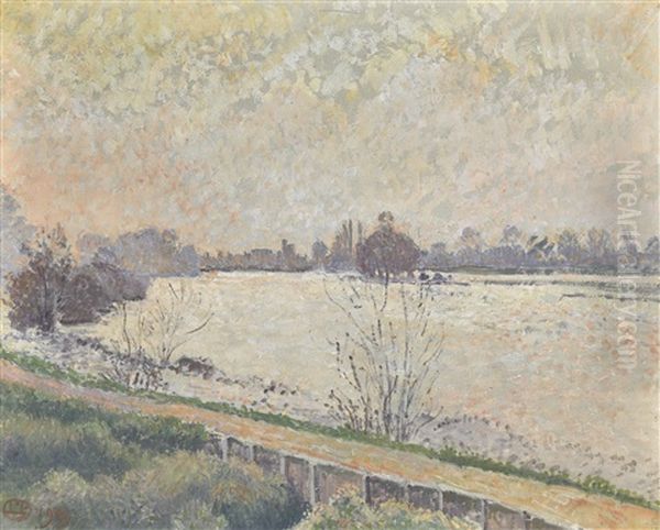 High Tide On The Thames, Kew Oil Painting by Lucien Pissarro