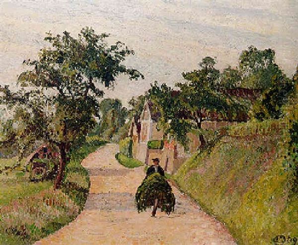 Eragny, La Route De Gisors A Bazincourt Oil Painting by Lucien Pissarro